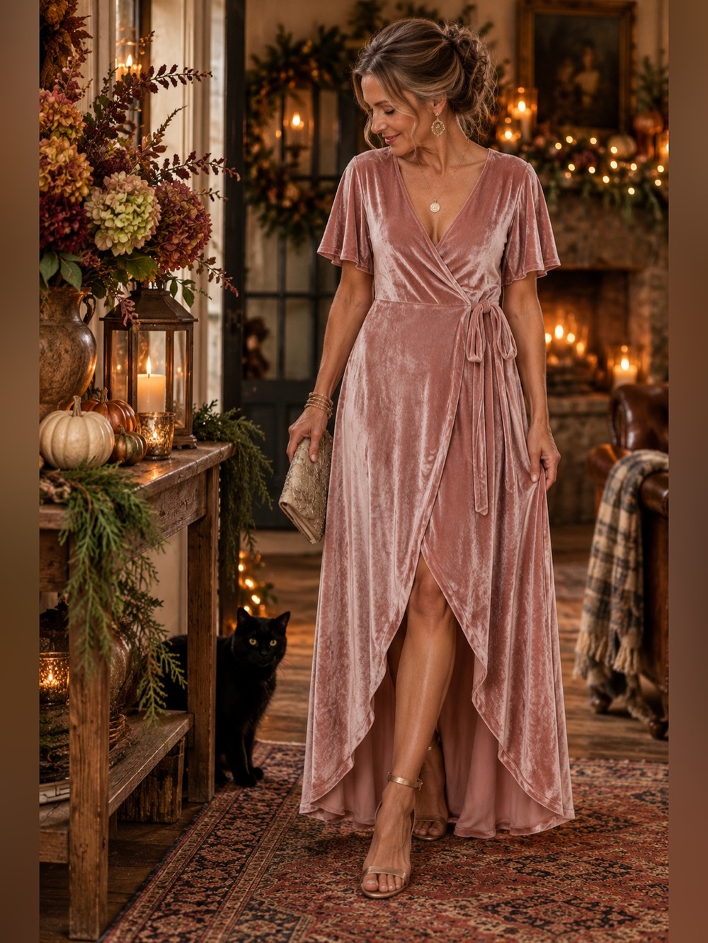 Fantastic Fawn Rose Velvet Wrap Maxi Dress L Fall Holiday Wedding NWOT
